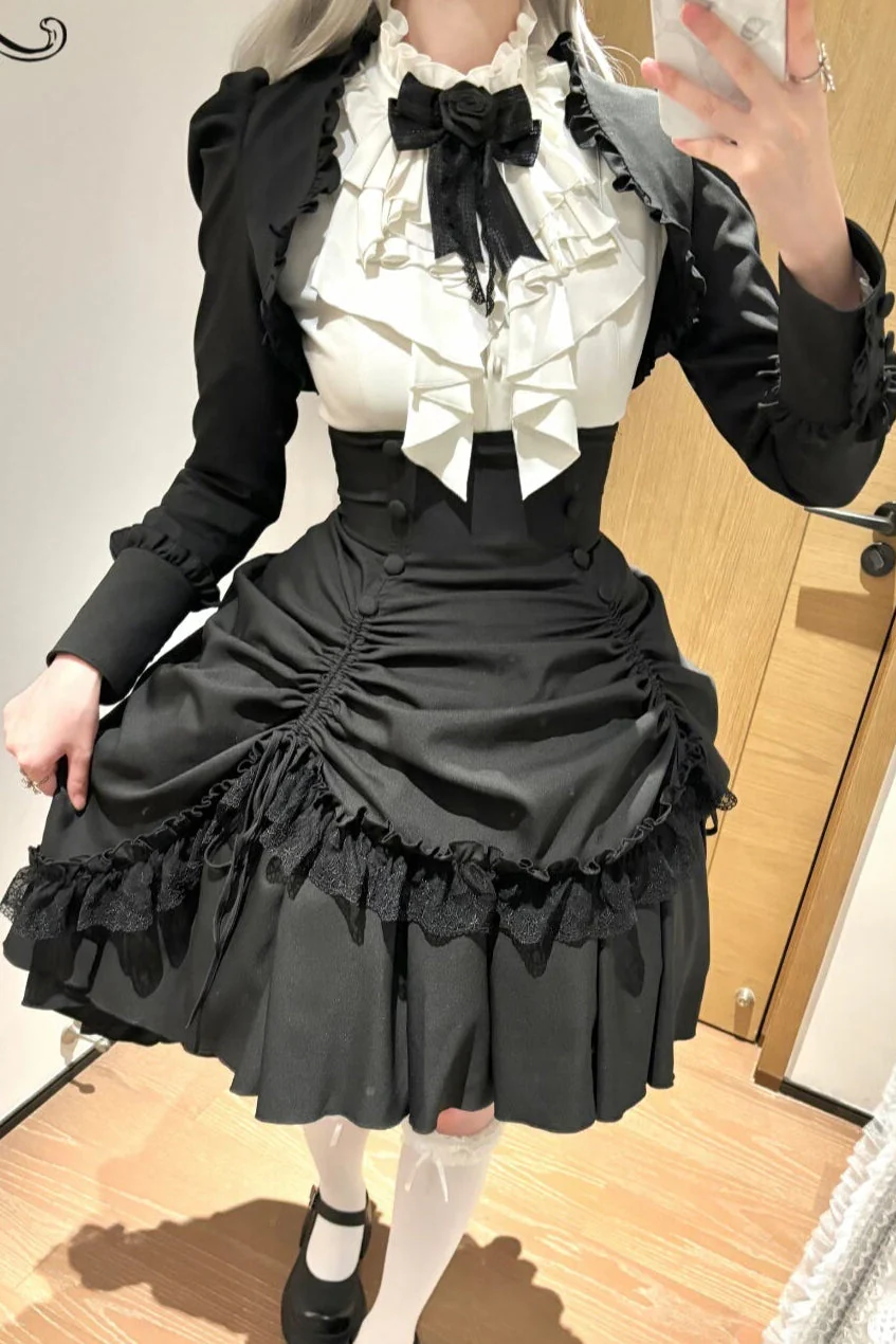 [Pre-order] Dark Gothic Black Short Jacket + White Shirt + Rose Ribbon - Image 15