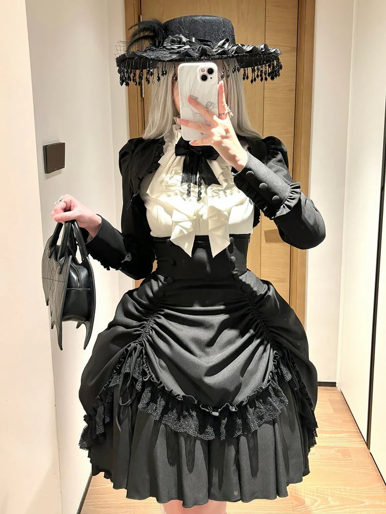 [Pre-order] Dark Gothic Black Short Jacket + White Shirt + Rose Ribbon - Image 6