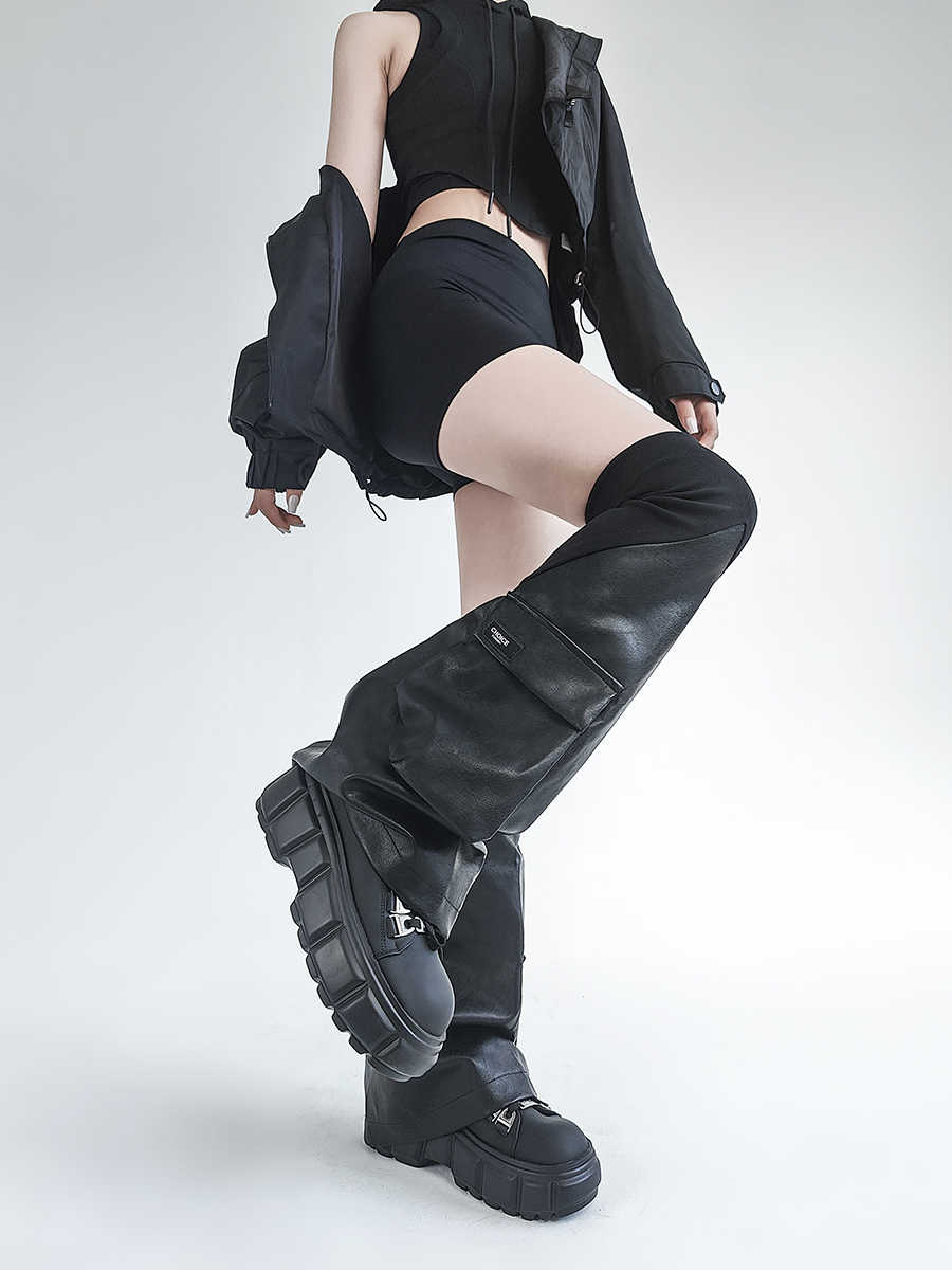 Dark Grunge Threaded Leather Leg Warmers - Image 2