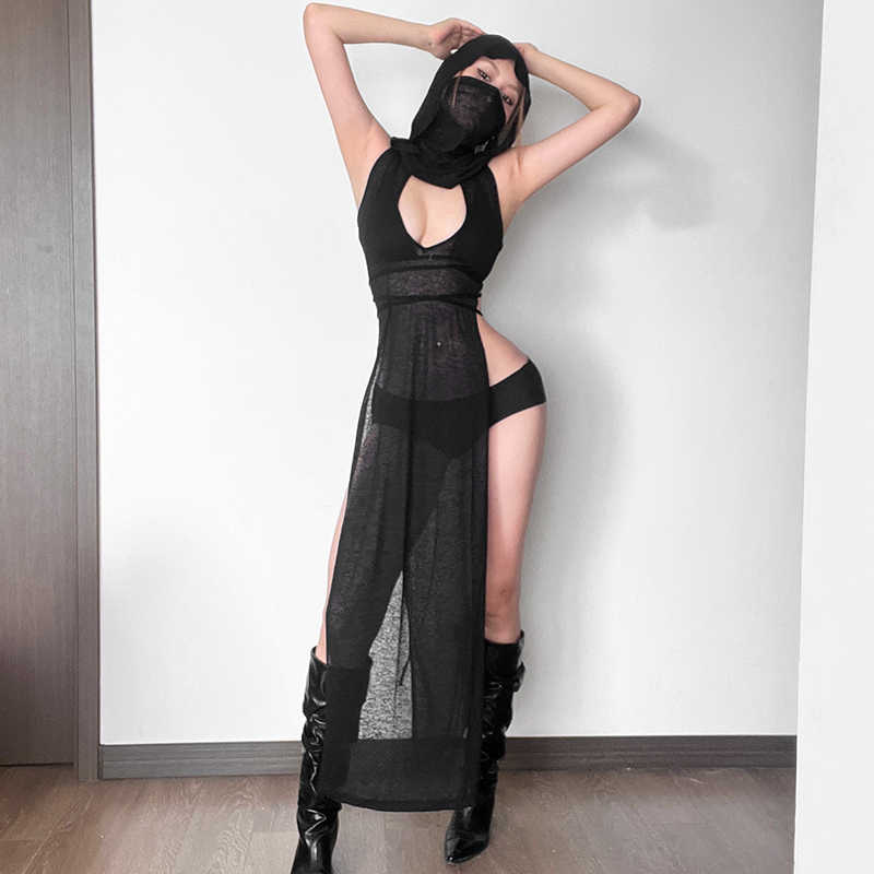 Dark Hooded Sleeveless Dress - Image 3