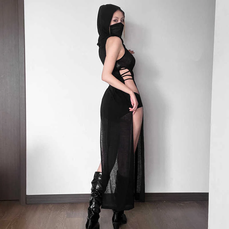 Dark Hooded Sleeveless Dress - Image 4