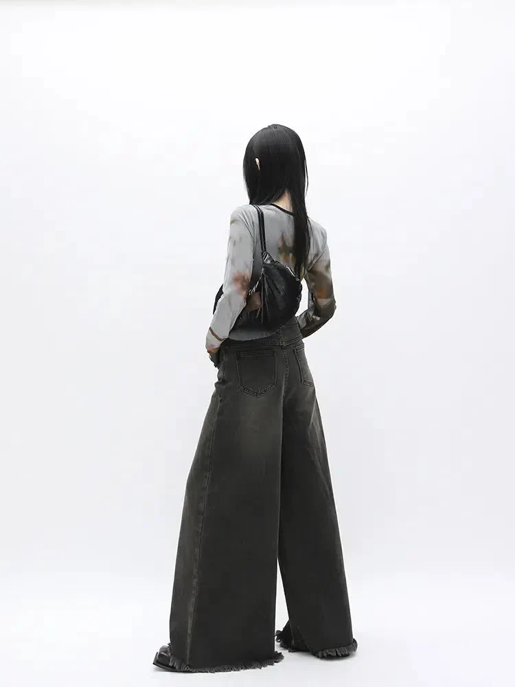 Dark Wash Distressed Wide Leg Jeans - Image 2