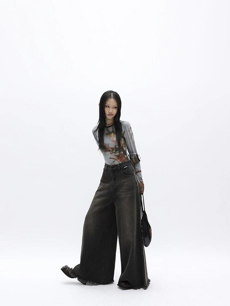 Dark Wash Distressed Wide Leg Jeans - Image 4