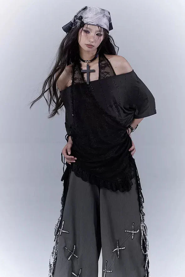Sheer Off-Shoulder Lace Halter Top - Image 10