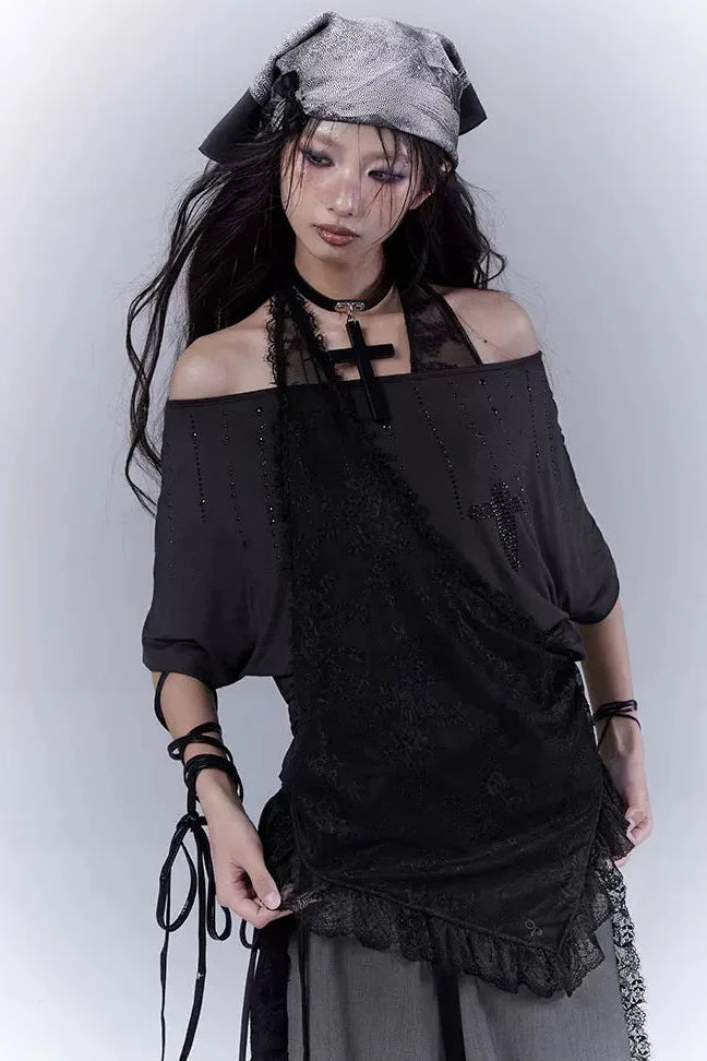 Sheer Off-Shoulder Lace Halter Top - Image 8