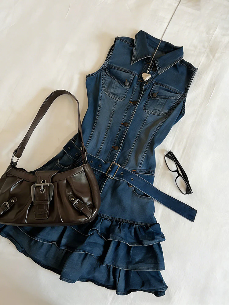 denim sleeveless ruffled dress - Image 3
