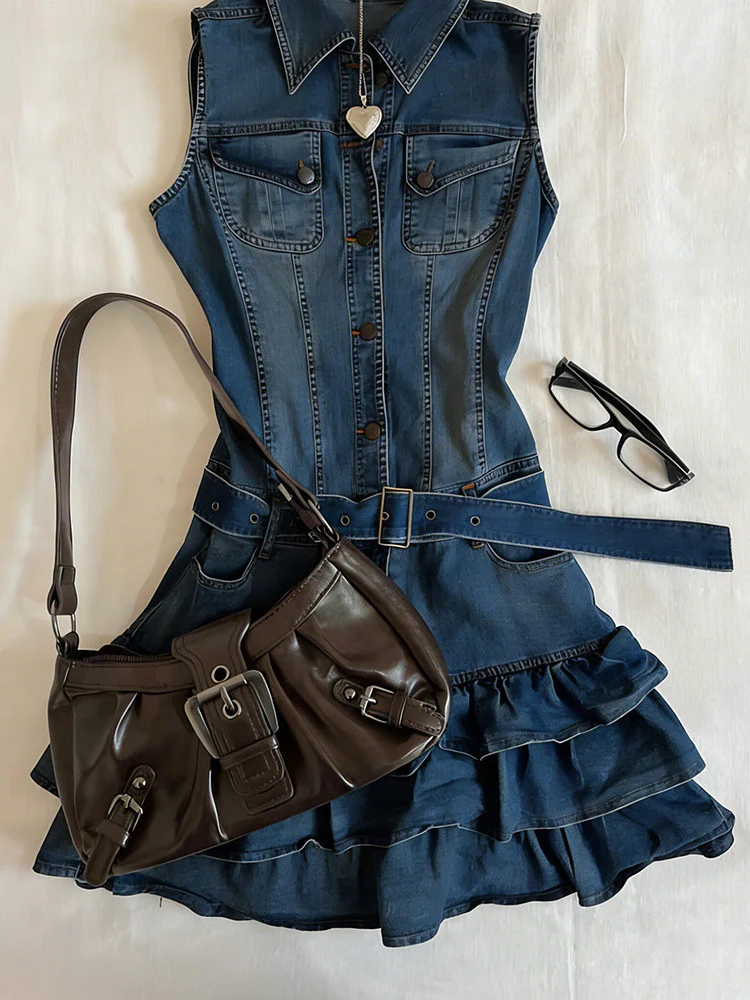 denim sleeveless ruffled dress - Image 5