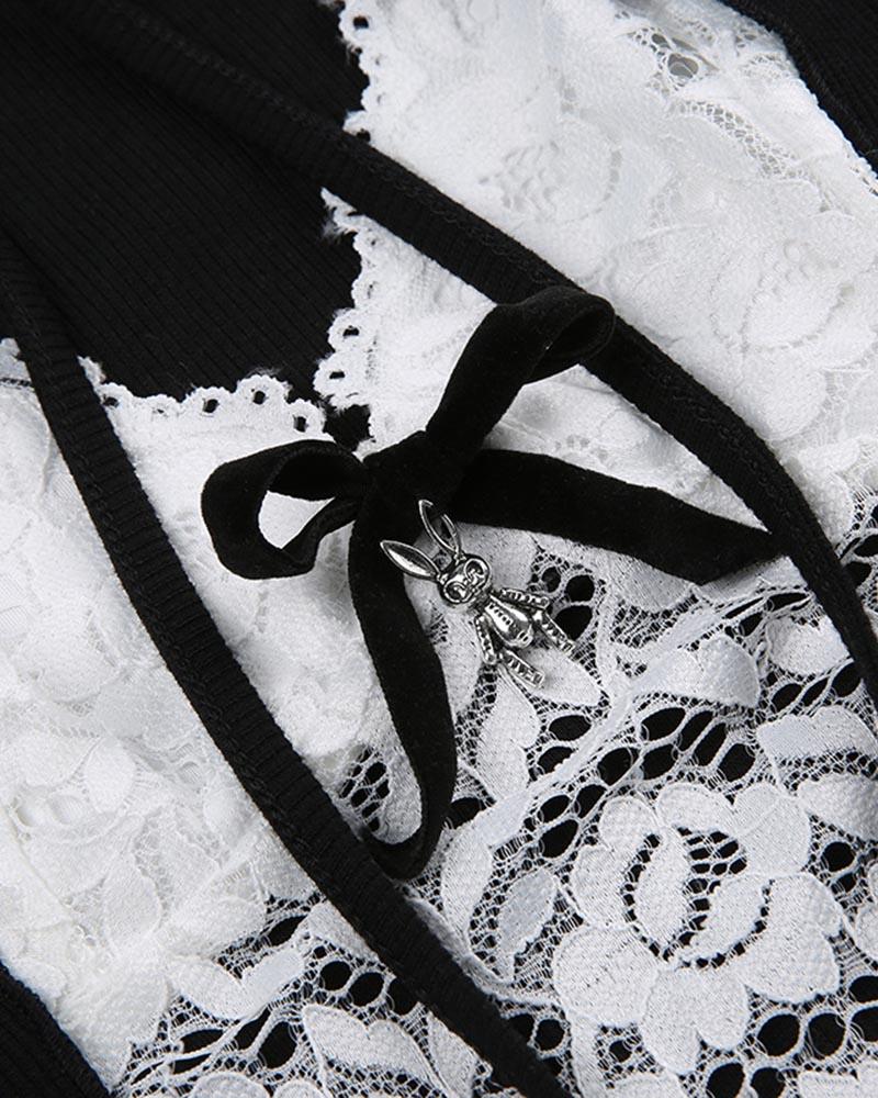 Dentelle Faux Cardigan with Lace Coquette Top - Image 7