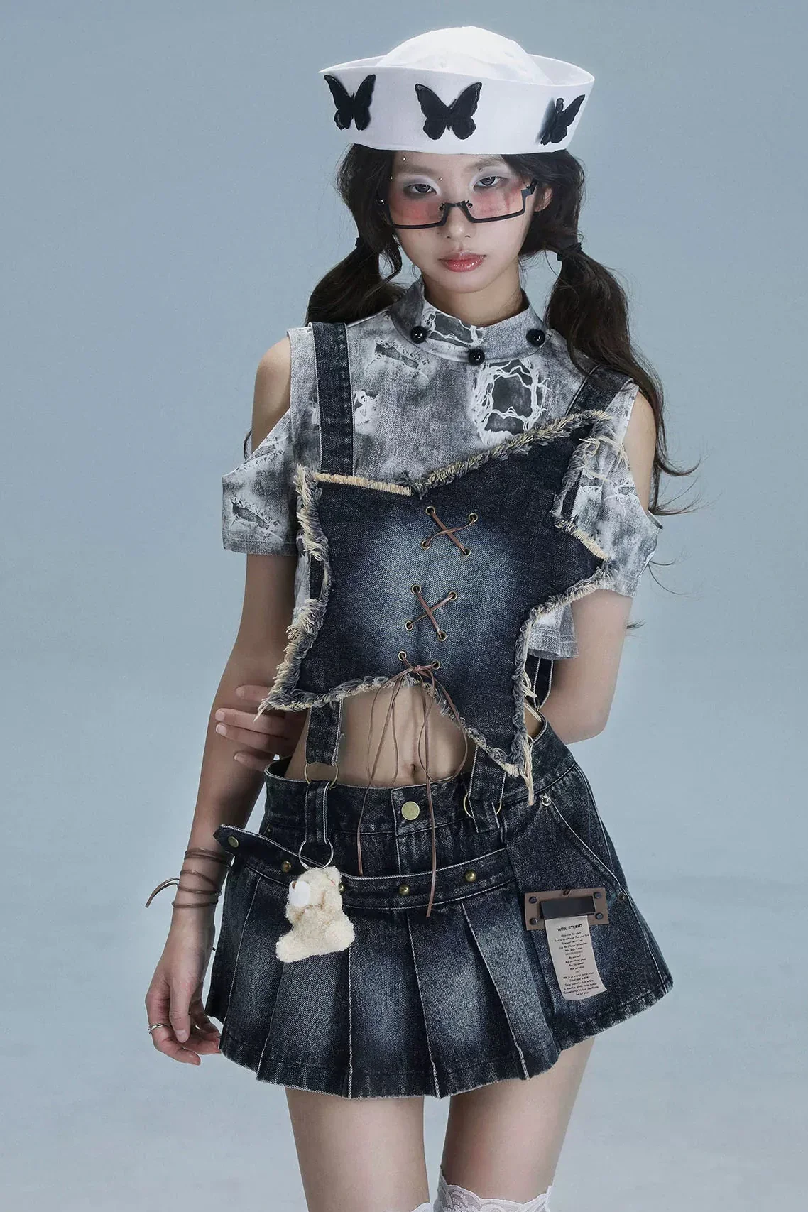 Y2K Star Denim Overall Skirt + Inner Top