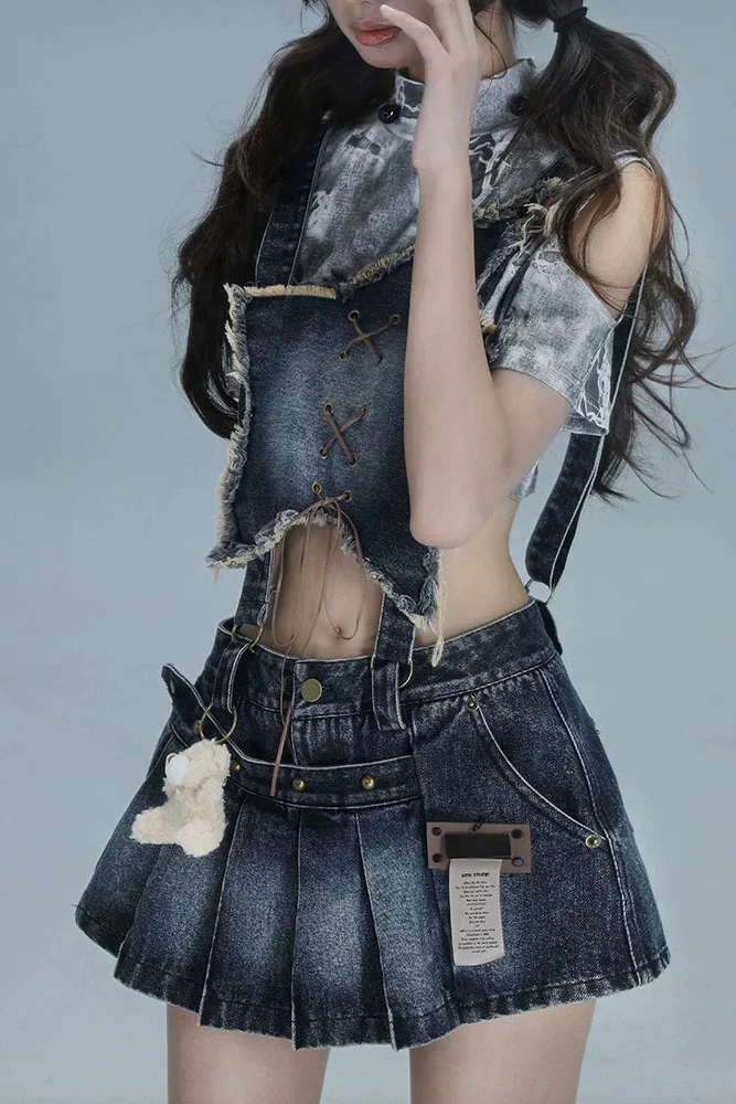 Y2K Star Denim Overall Skirt + Inner Top - Image 4