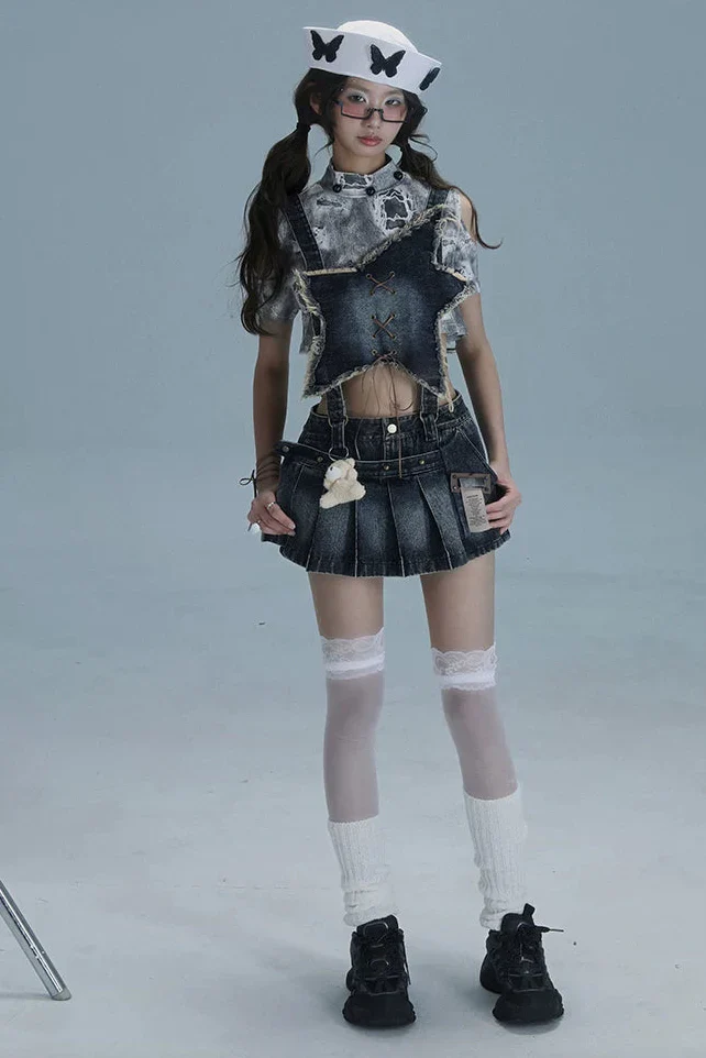 Y2K Star Denim Overall Skirt + Inner Top - Image 5