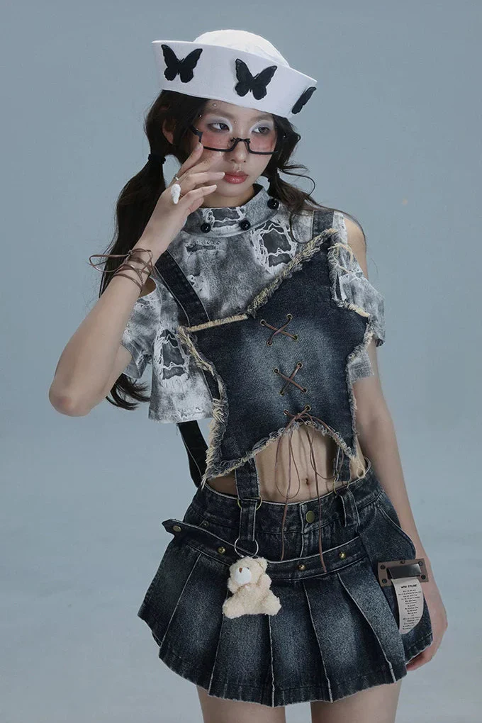 Y2K Star Denim Overall Skirt + Inner Top - Image 7