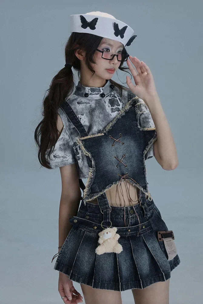 Y2K Star Denim Overall Skirt + Inner Top - Image 8