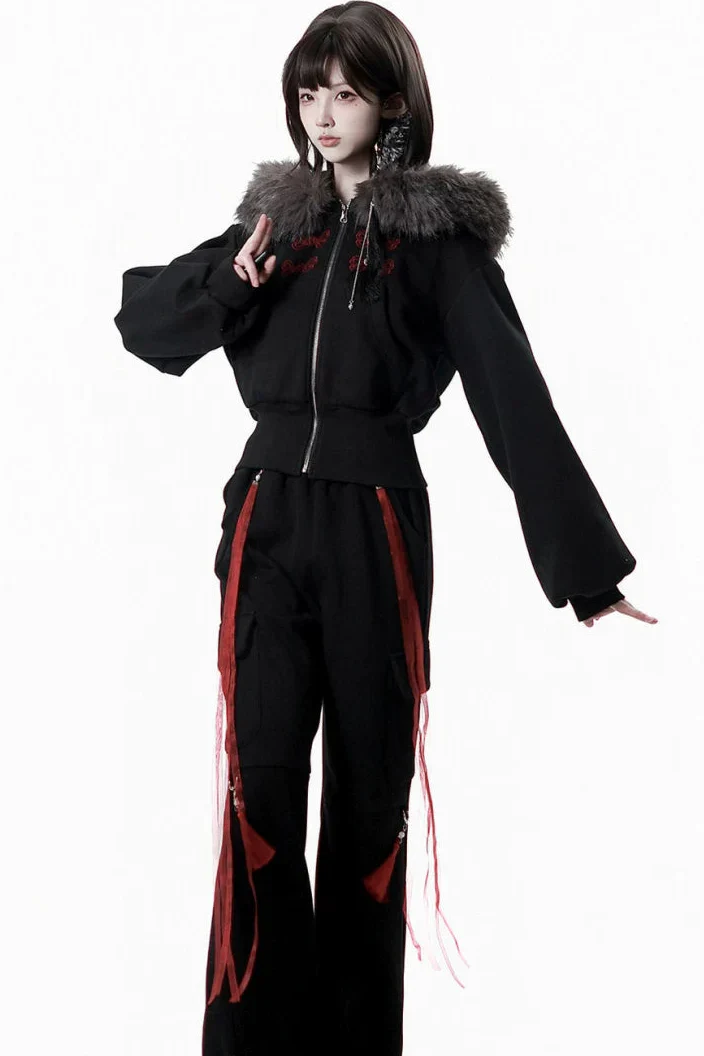 Dark Detachable Fur Jacket + Skirt + Pants - Image 10