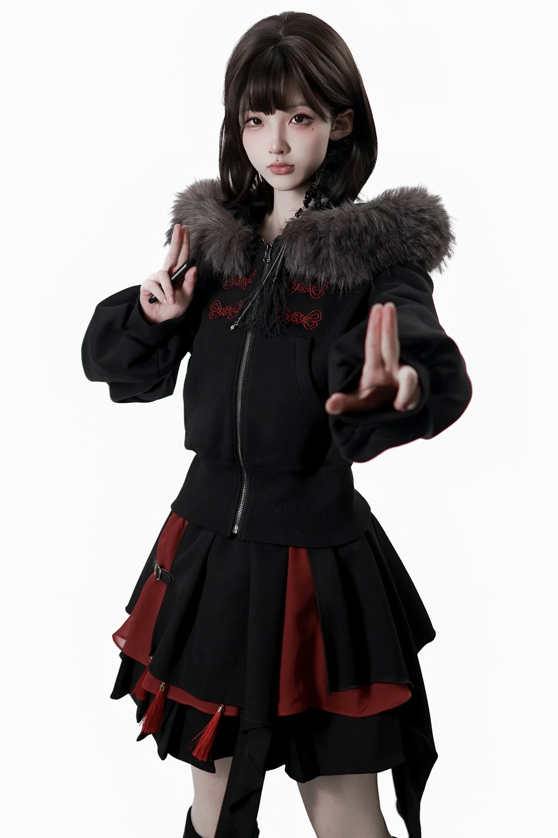 Dark Detachable Fur Jacket + Skirt + Pants - Image 2