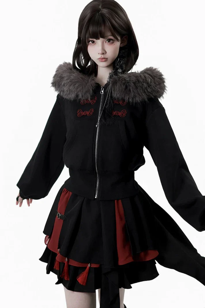 Dark Detachable Fur Jacket + Skirt + Pants - Image 3