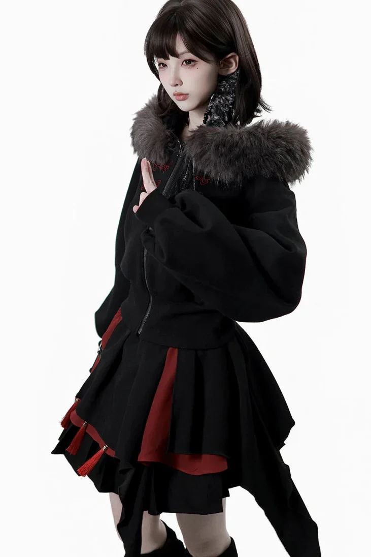 Dark Detachable Fur Jacket + Skirt + Pants - Image 4
