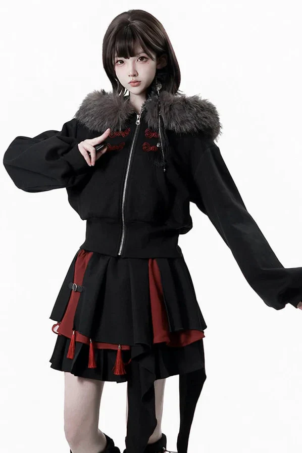 Dark Detachable Fur Jacket + Skirt + Pants - Image 6