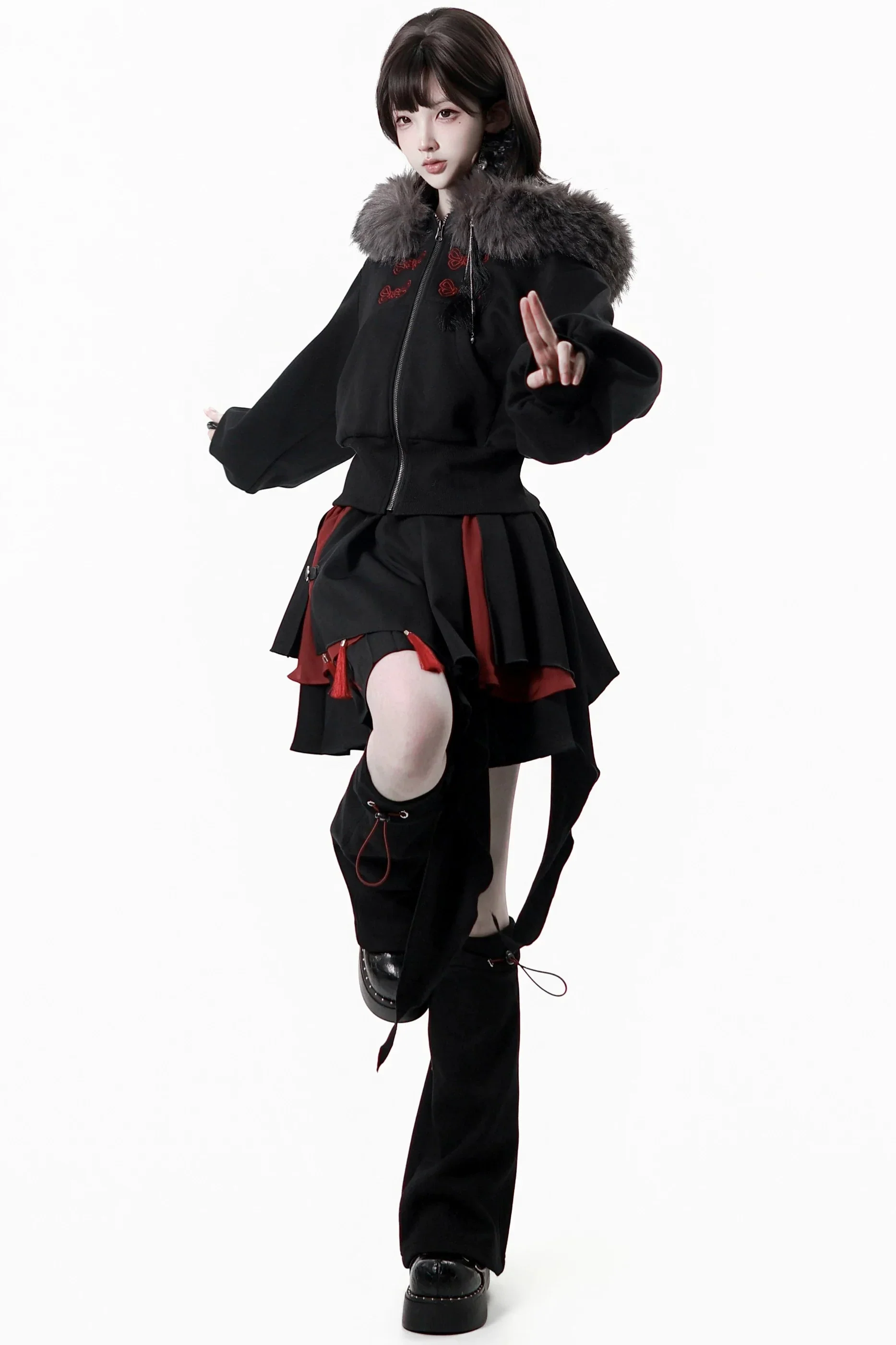 Dark Detachable Fur Jacket + Skirt + Pants - Image 5