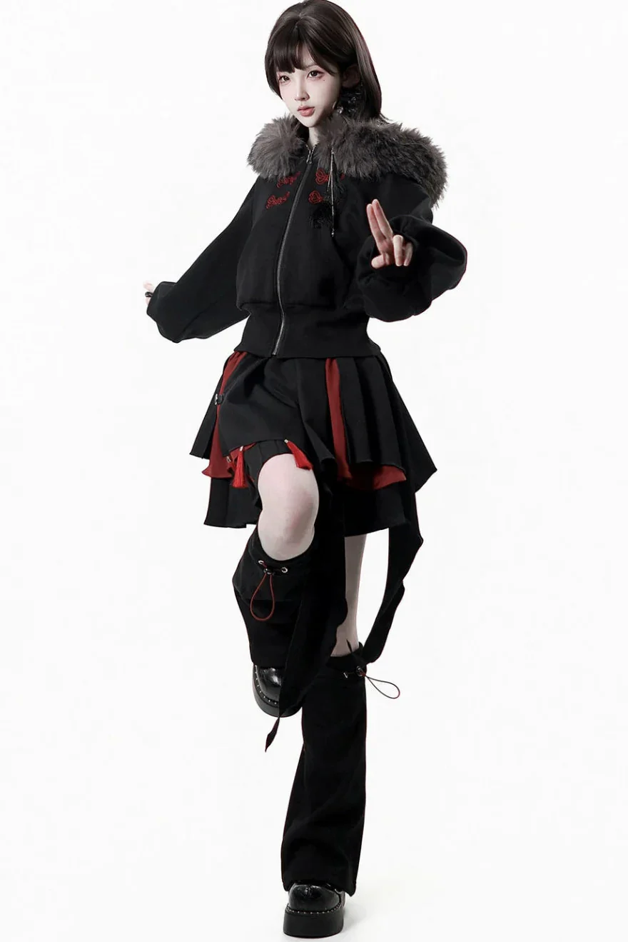 Dark Detachable Fur Jacket + Skirt + Pants - Image 7