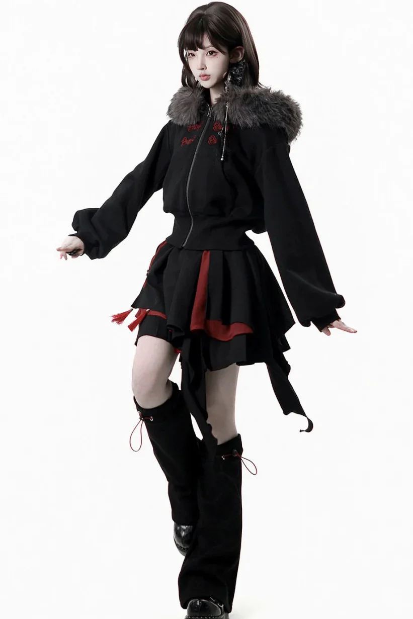 Dark Detachable Fur Jacket + Skirt + Pants - Image 8