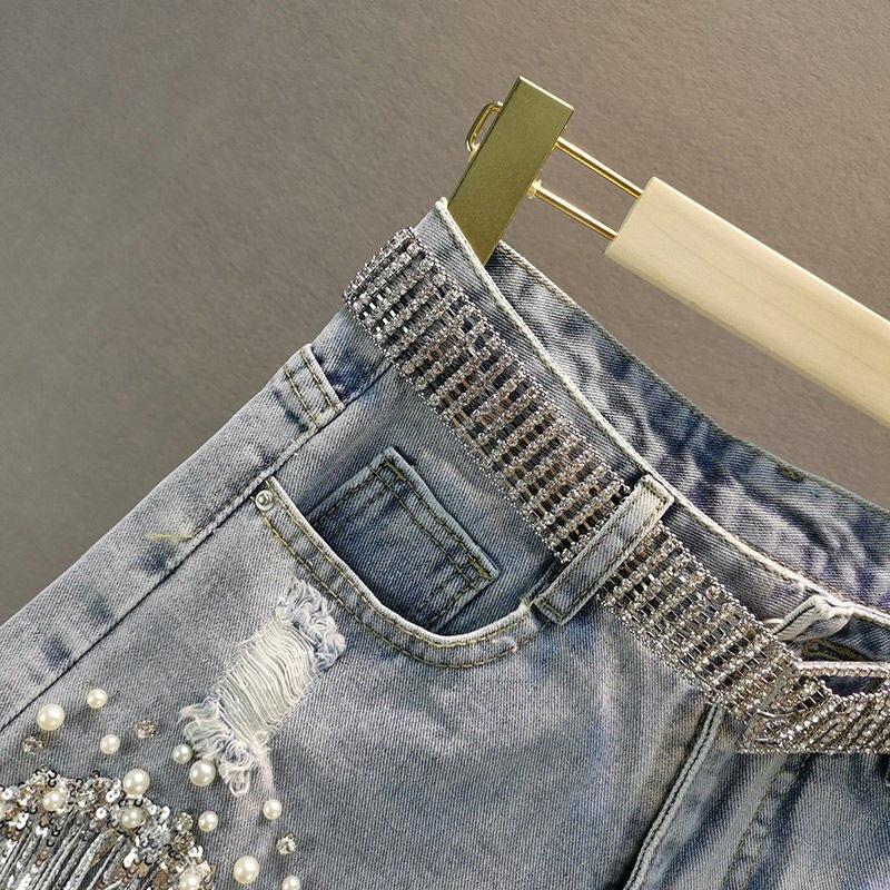 Disco Cowgirl Rhinestone Fringe Denim Shorts - Image 3