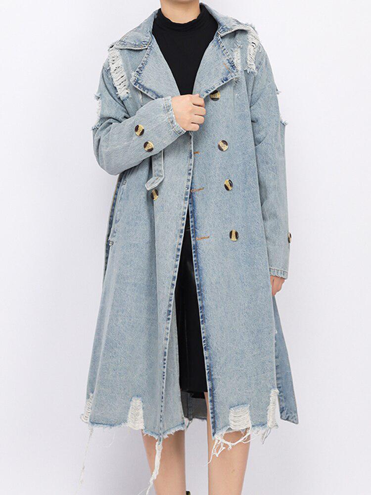 Distressed Denim Trench Coat - Image 2