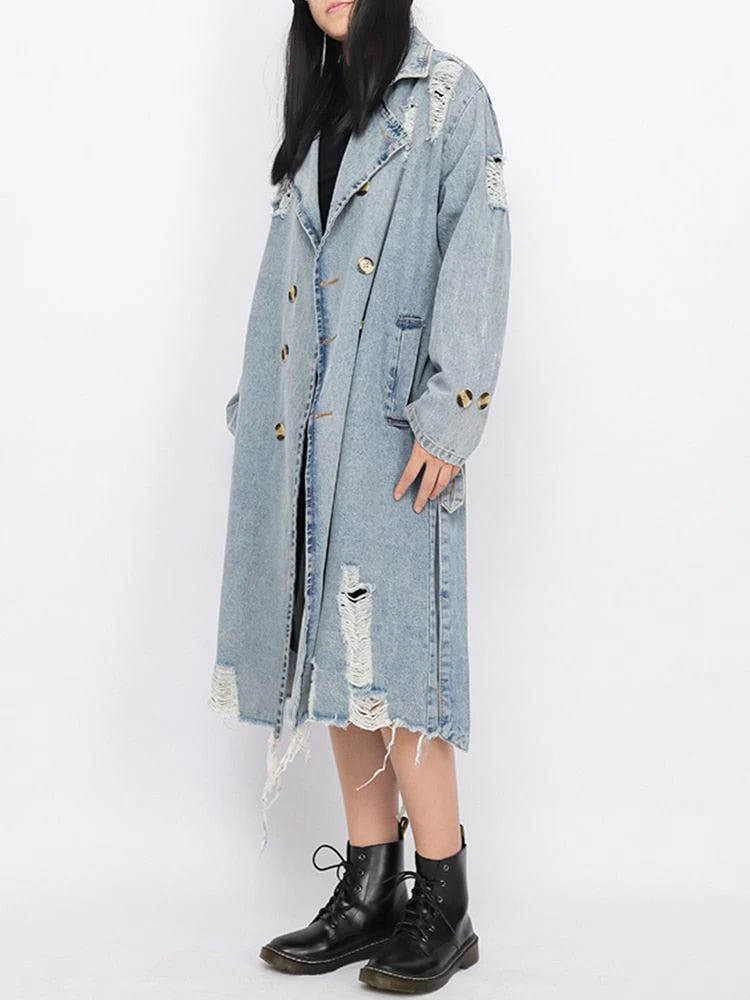 Distressed Denim Trench Coat - Image 3
