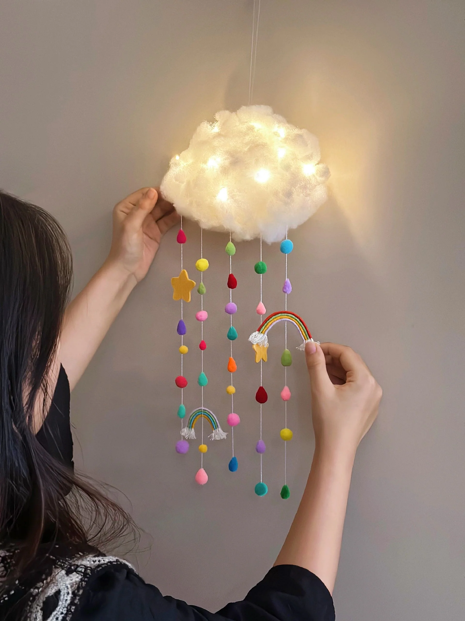 diy cloud rainbow fur ball wind chime pendant - Image 2