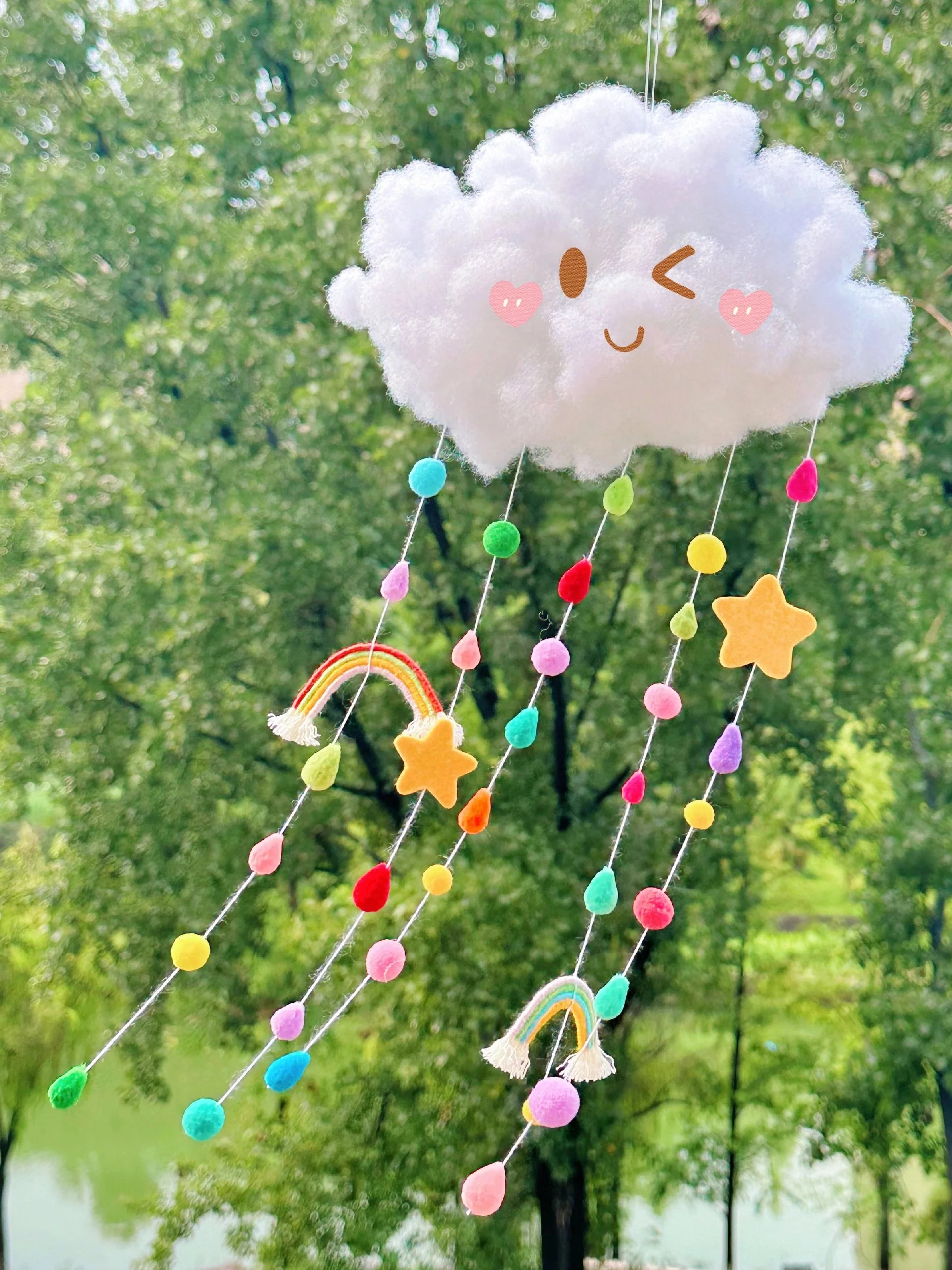 diy cloud rainbow fur ball wind chime pendant - Image 5