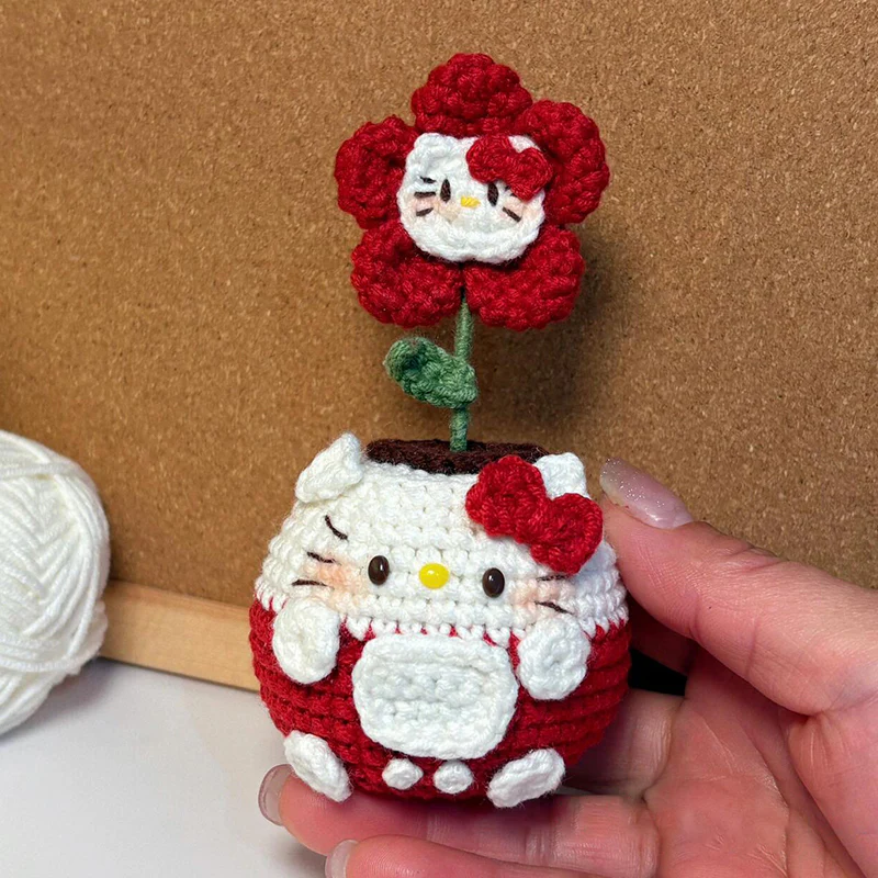 diy wool Mini kitty cat flowerpot keychain - Image 13
