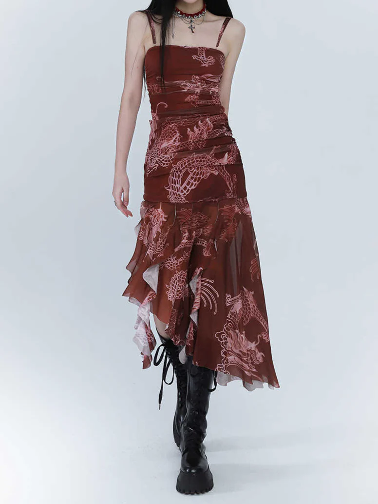 Dragon Print Red Irregular Dress - Image 2