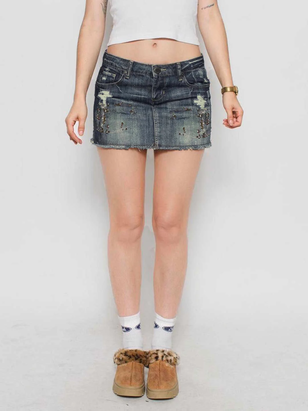 Drilled Holes Buttocks Denim Skirt - Image 4