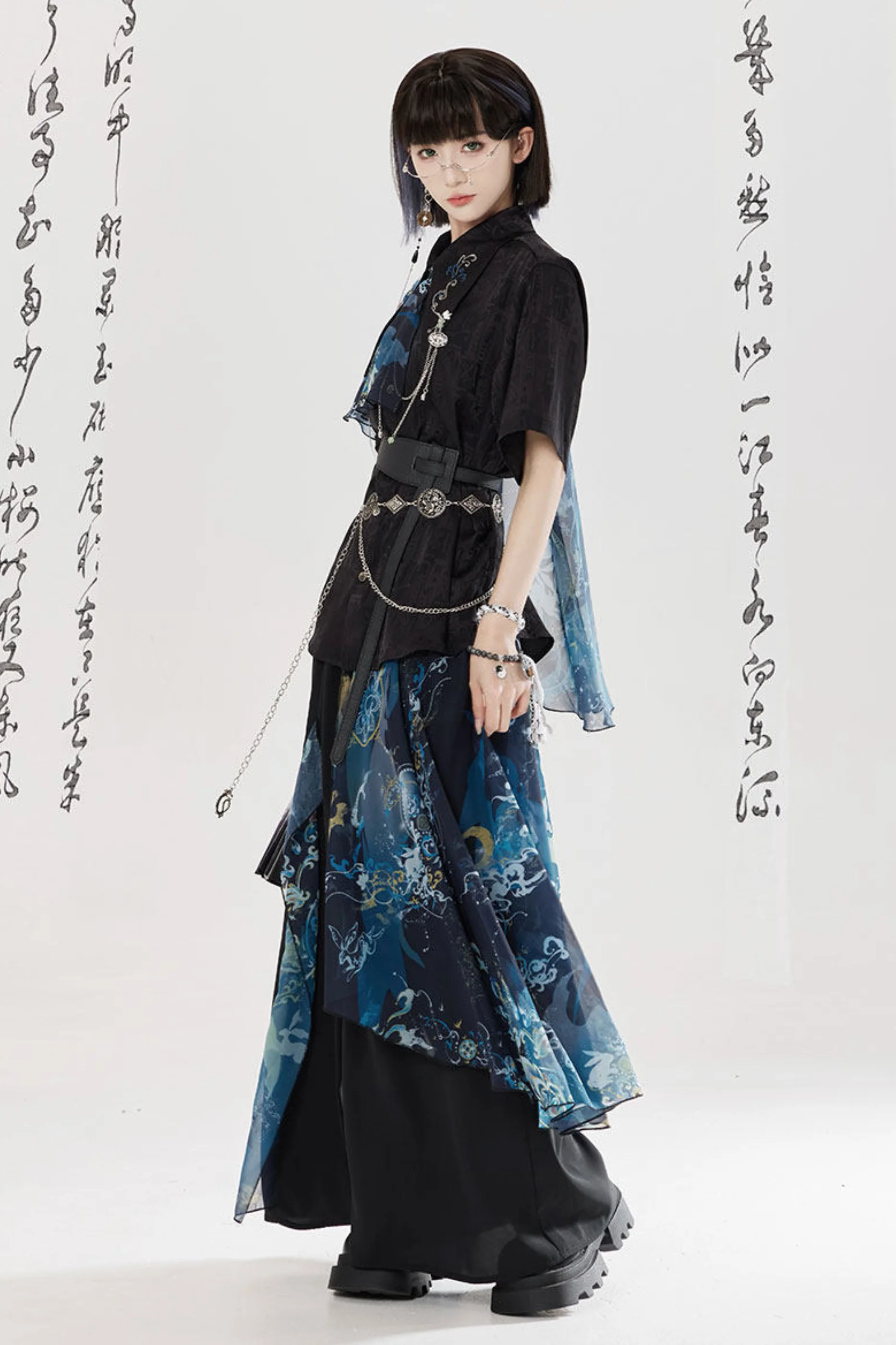Dark China Shirt + Wide Leg Pants + Chain + Belt - Image 11