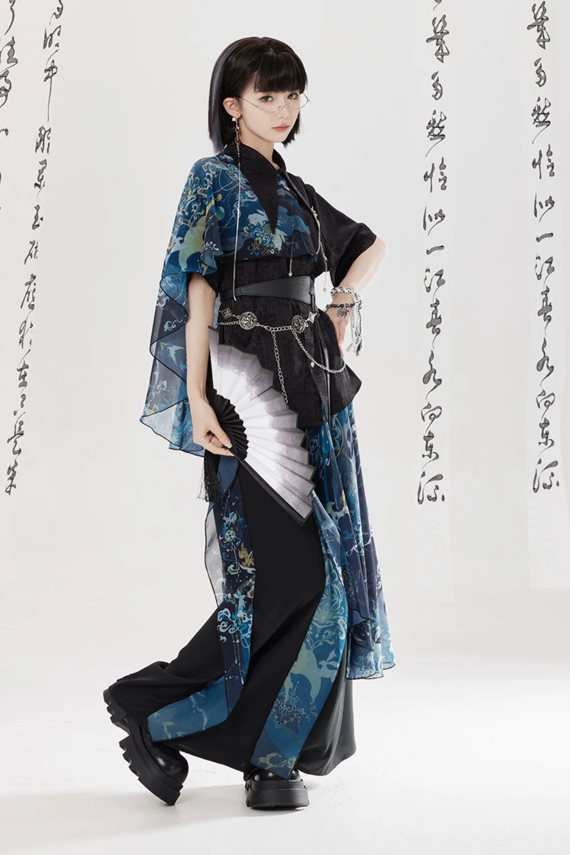 Dark China Shirt + Wide Leg Pants + Chain + Belt - Image 12
