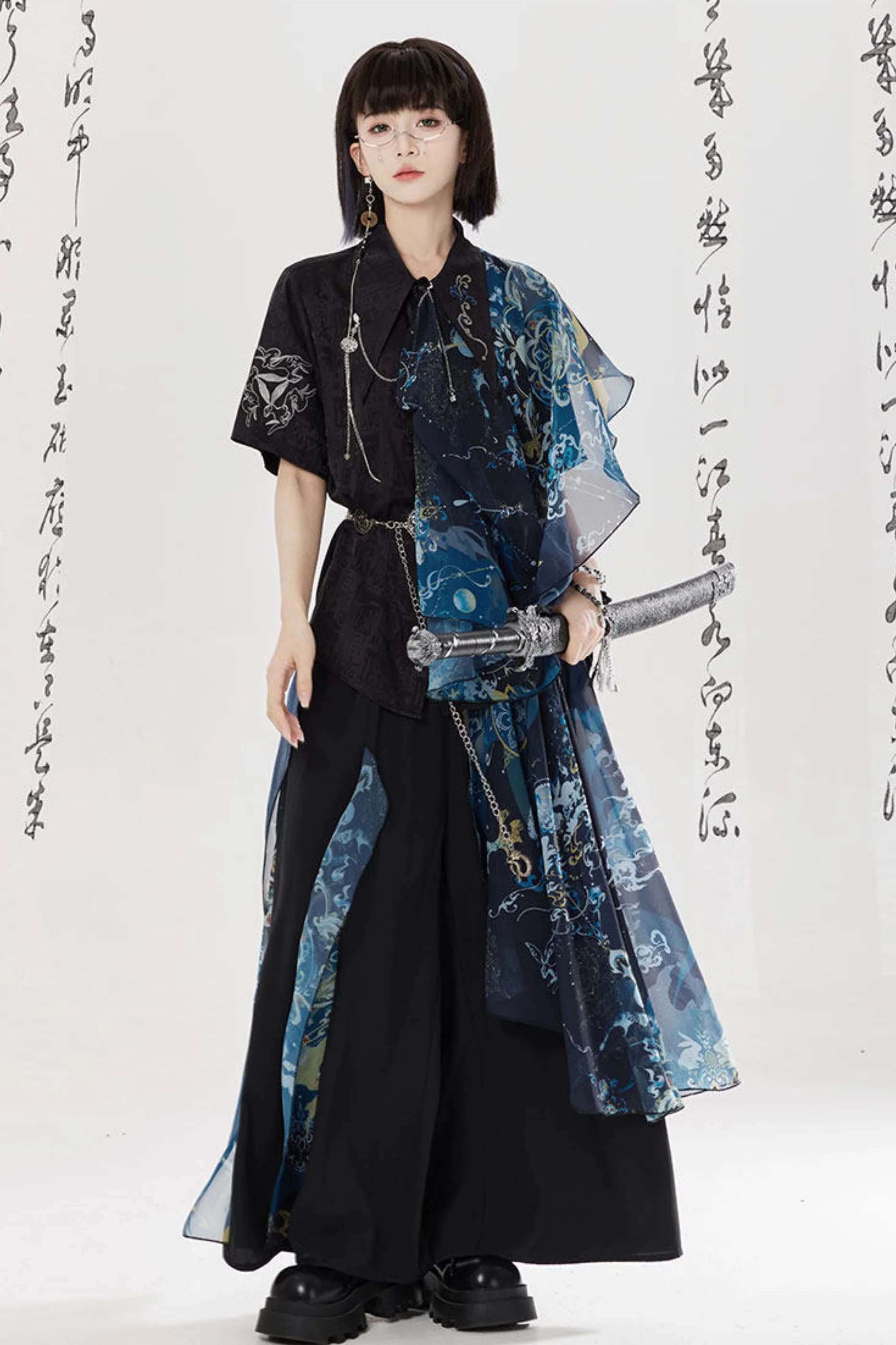 Dark China Shirt + Wide Leg Pants + Chain + Belt - Image 14