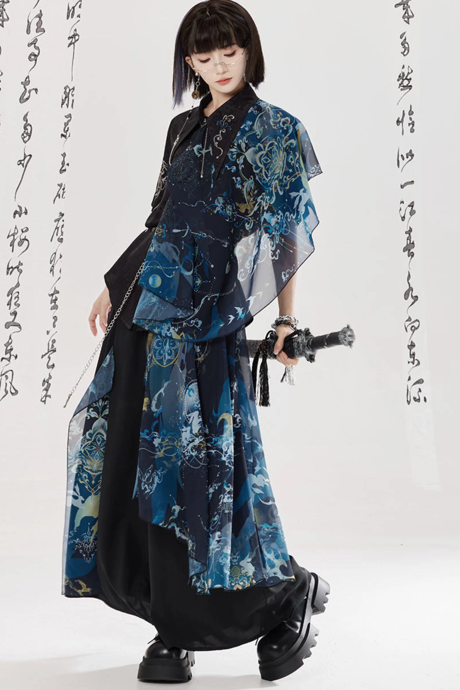 Dark China Shirt + Wide Leg Pants + Chain + Belt - Image 16