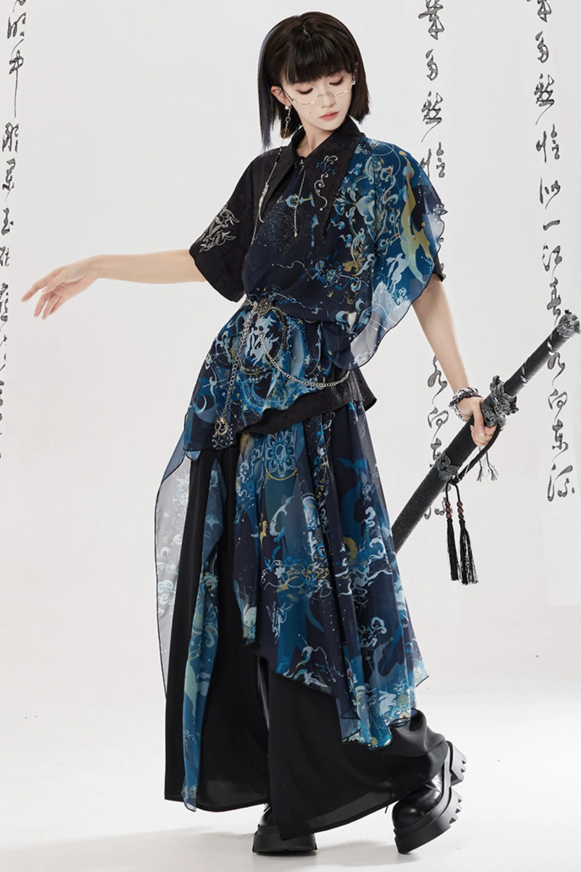 Dark China Shirt + Wide Leg Pants + Chain + Belt - Image 17