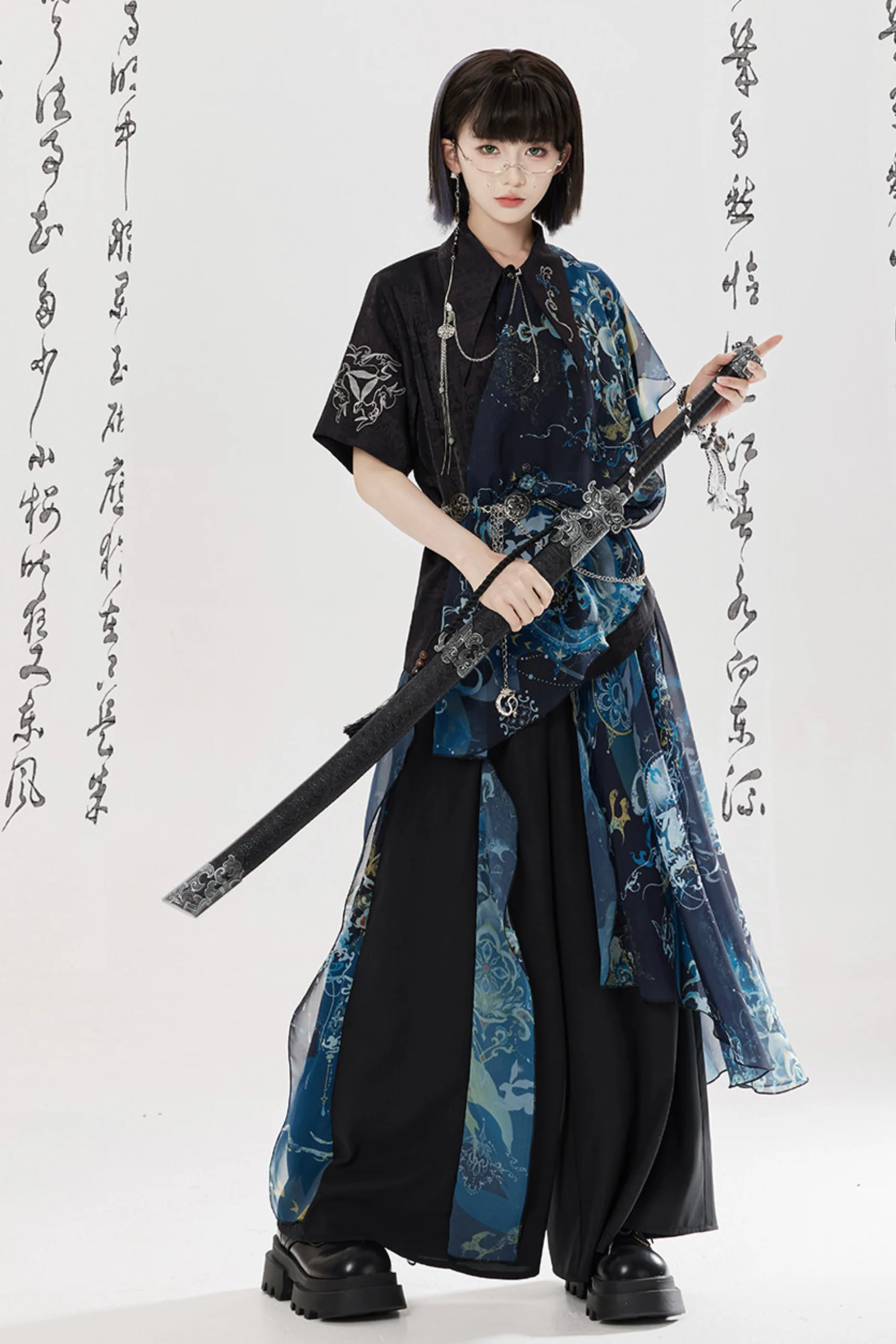 Dark China Shirt + Wide Leg Pants + Chain + Belt - Image 18