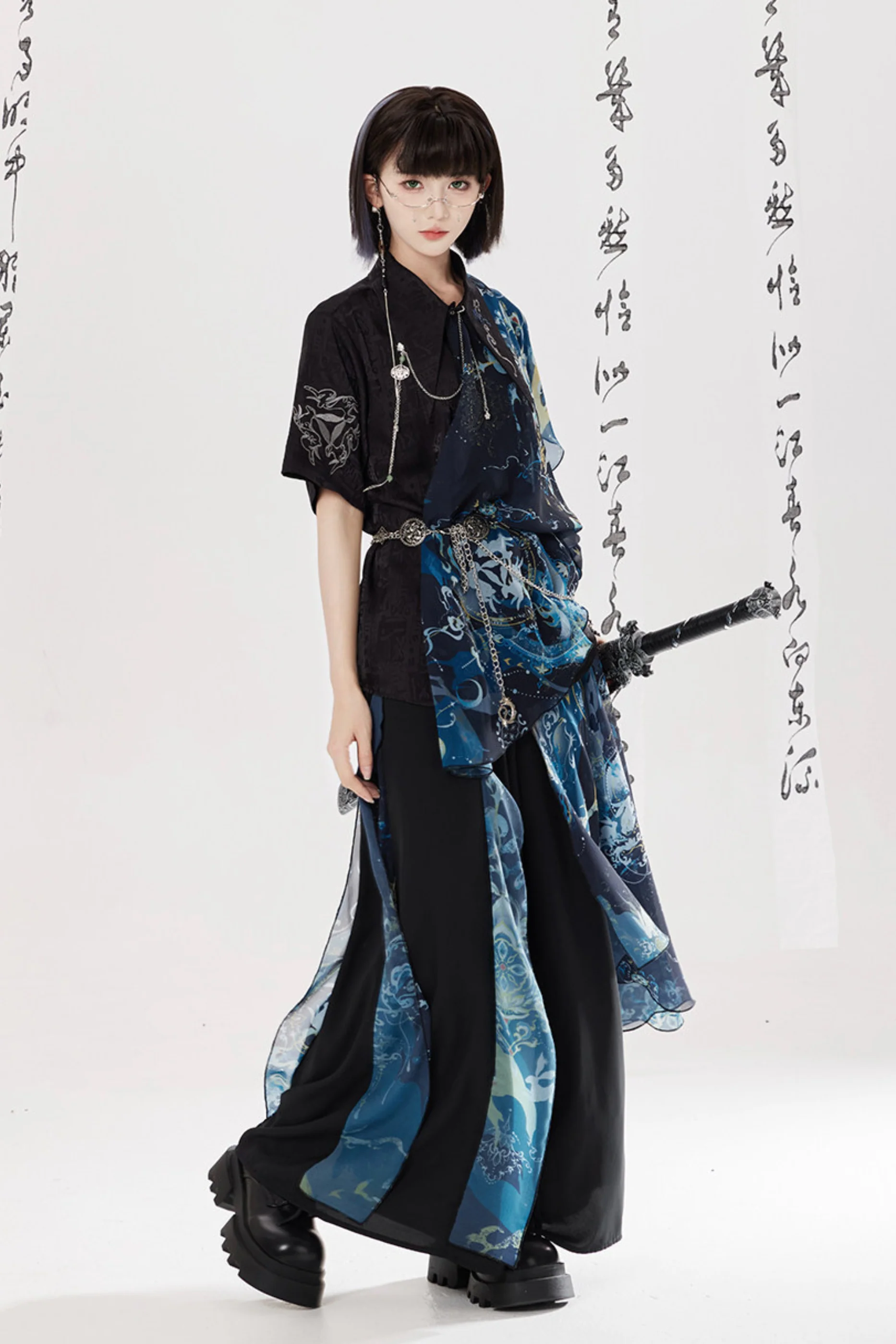 Dark China Shirt + Wide Leg Pants + Chain + Belt - Image 19