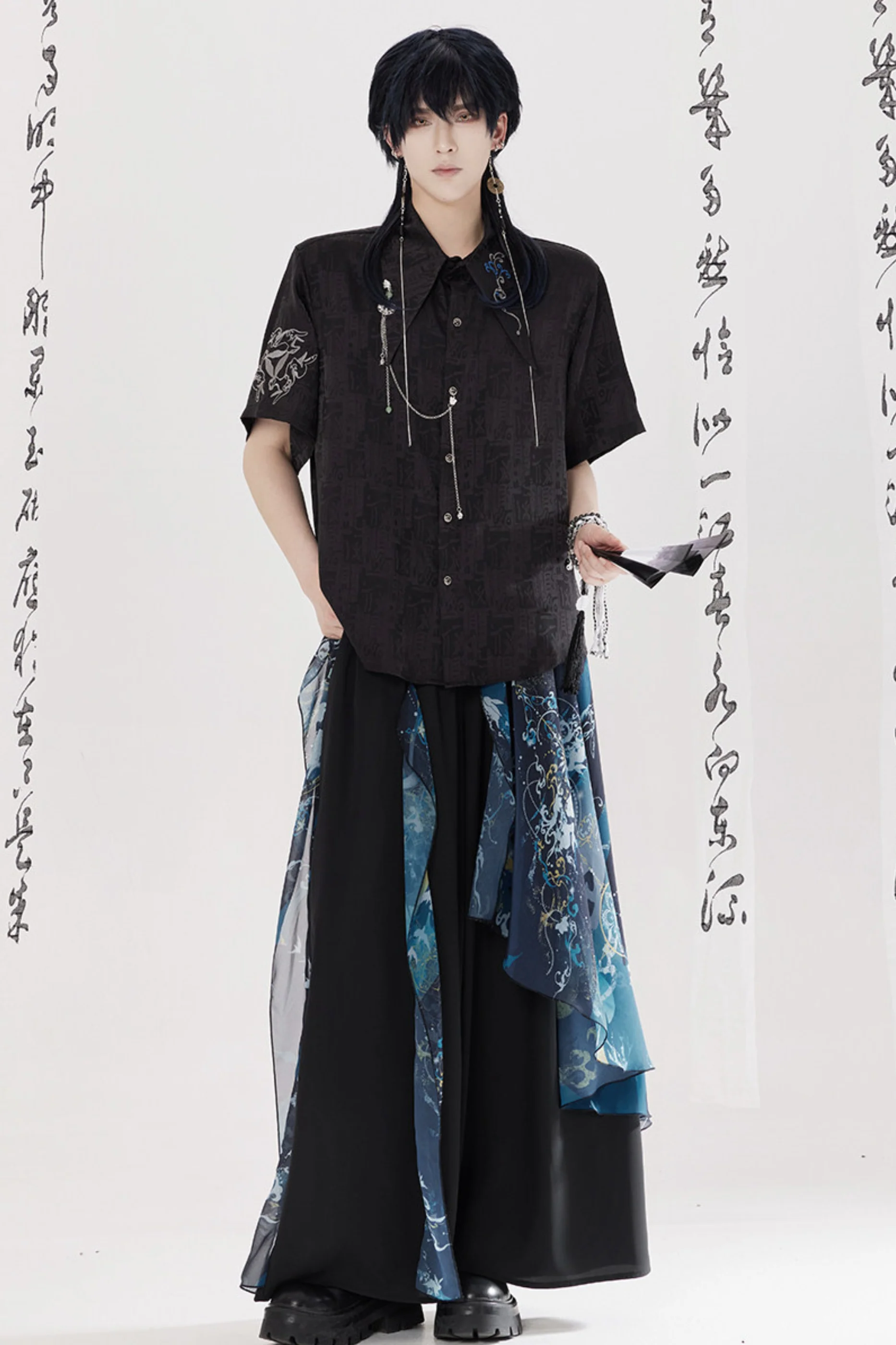 Dark China Shirt + Wide Leg Pants + Chain + Belt - Image 20