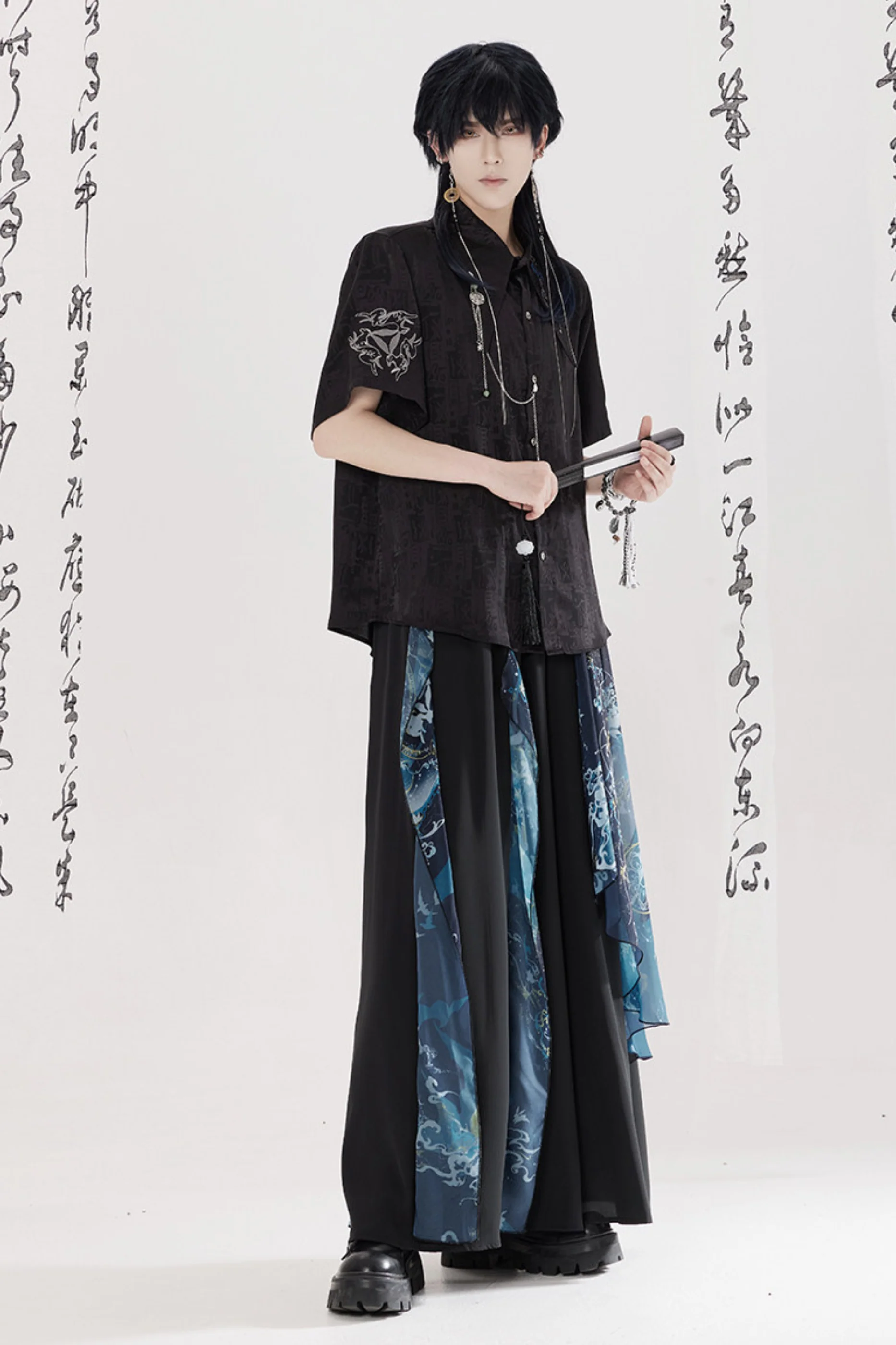 Dark China Shirt + Wide Leg Pants + Chain + Belt - Image 21