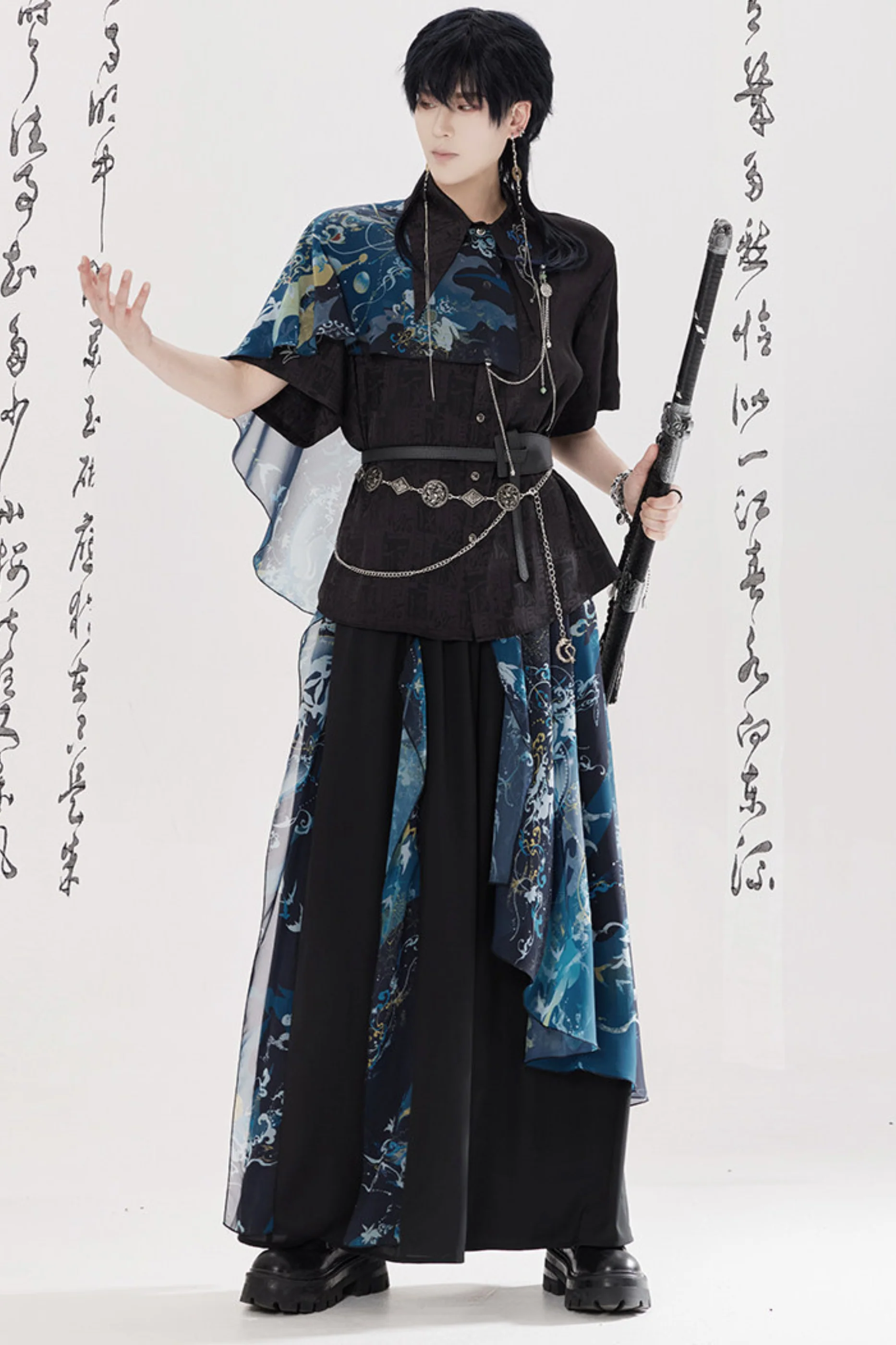 Dark China Shirt + Wide Leg Pants + Chain + Belt - Image 25