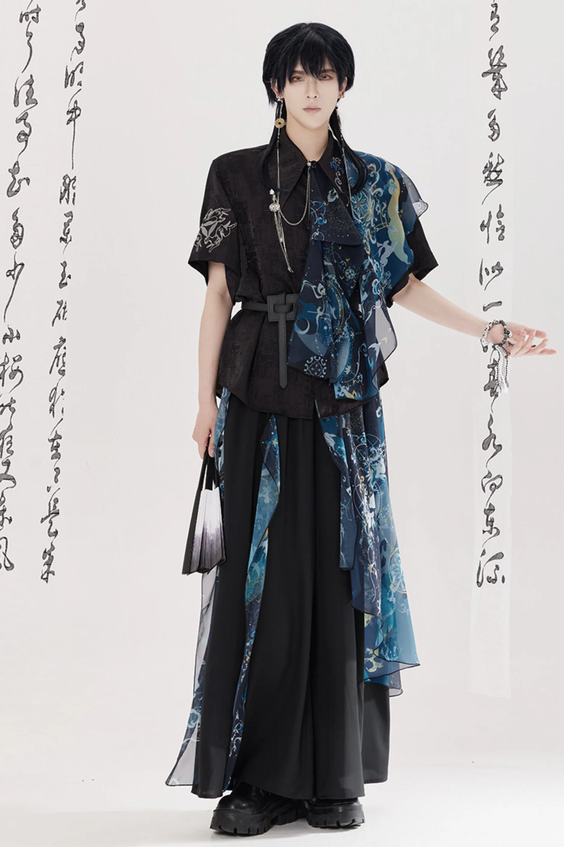 Dark China Shirt + Wide Leg Pants + Chain + Belt - Image 28