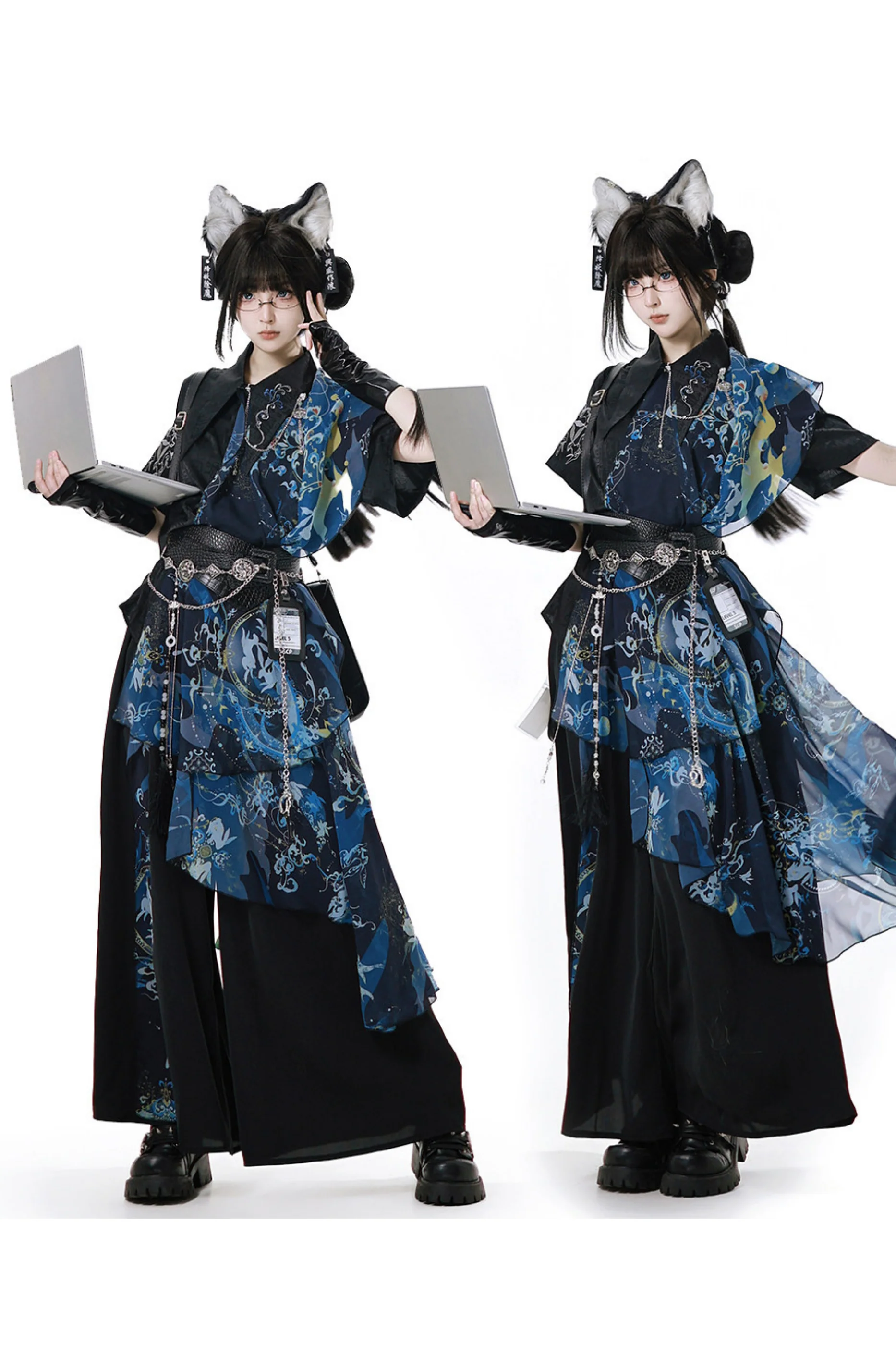 Dark China Shirt + Wide Leg Pants + Chain + Belt - Image 3