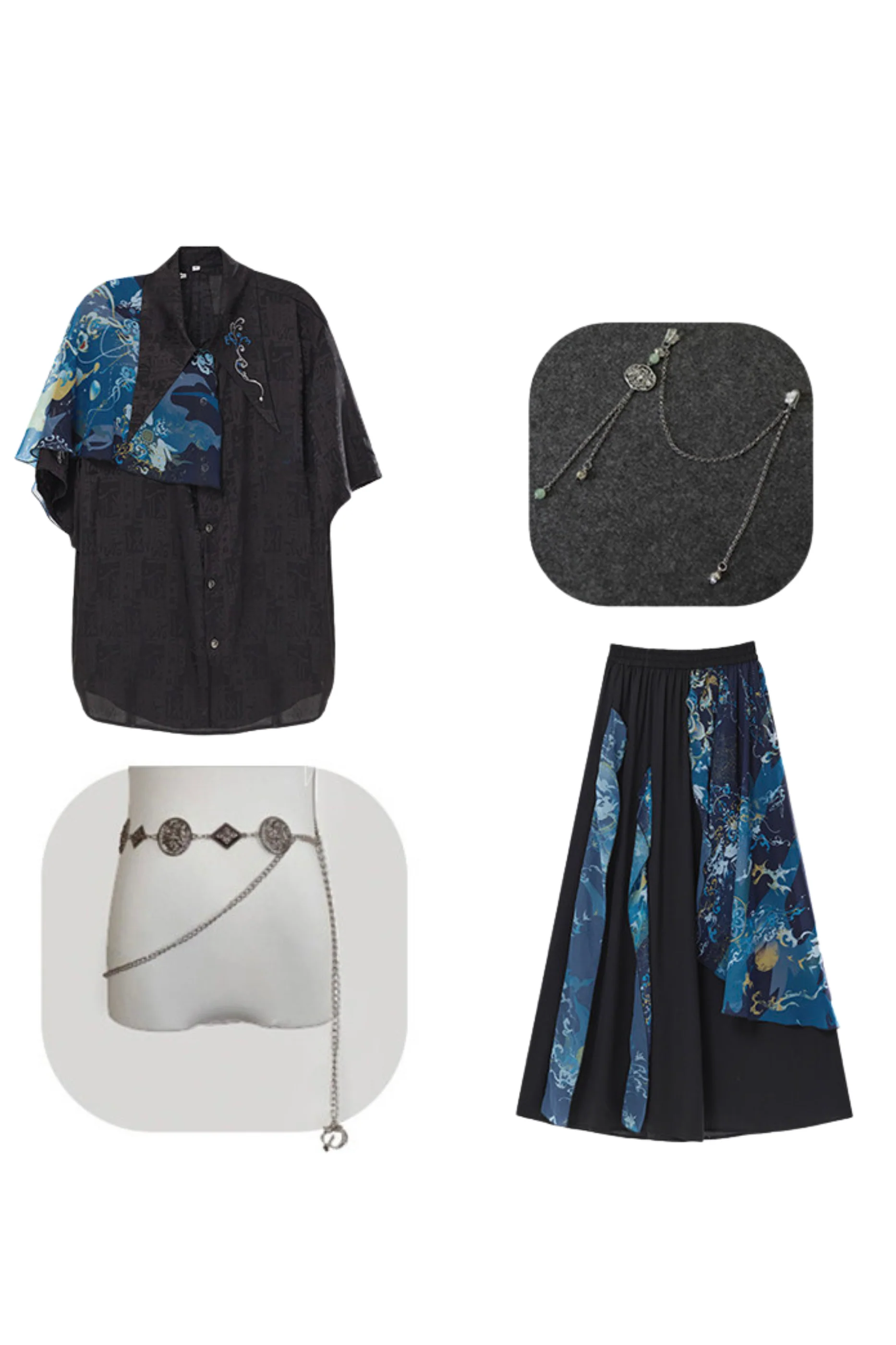 Dark China Shirt + Wide Leg Pants + Chain + Belt - Image 34