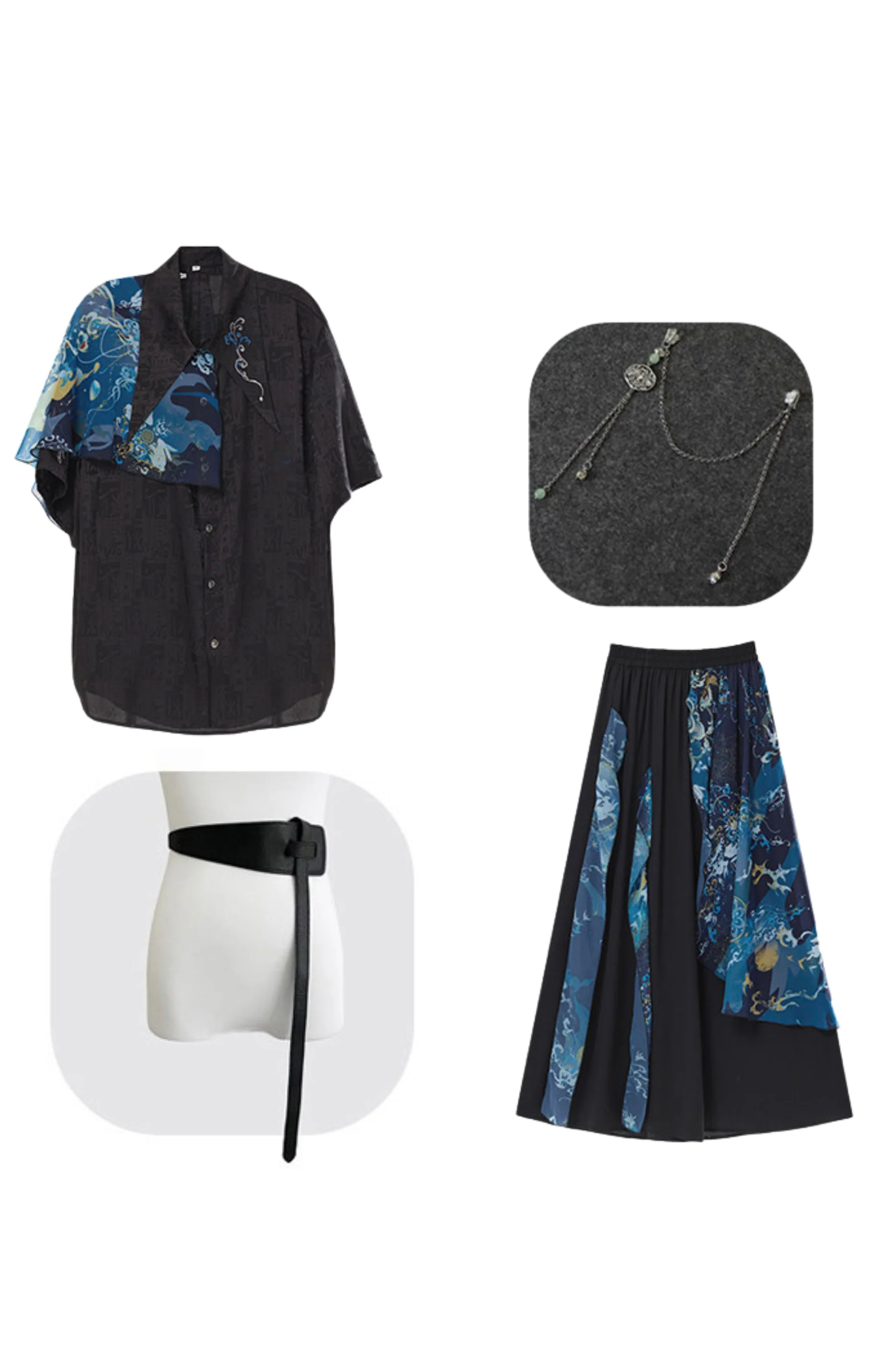 Dark China Shirt + Wide Leg Pants + Chain + Belt - Image 37