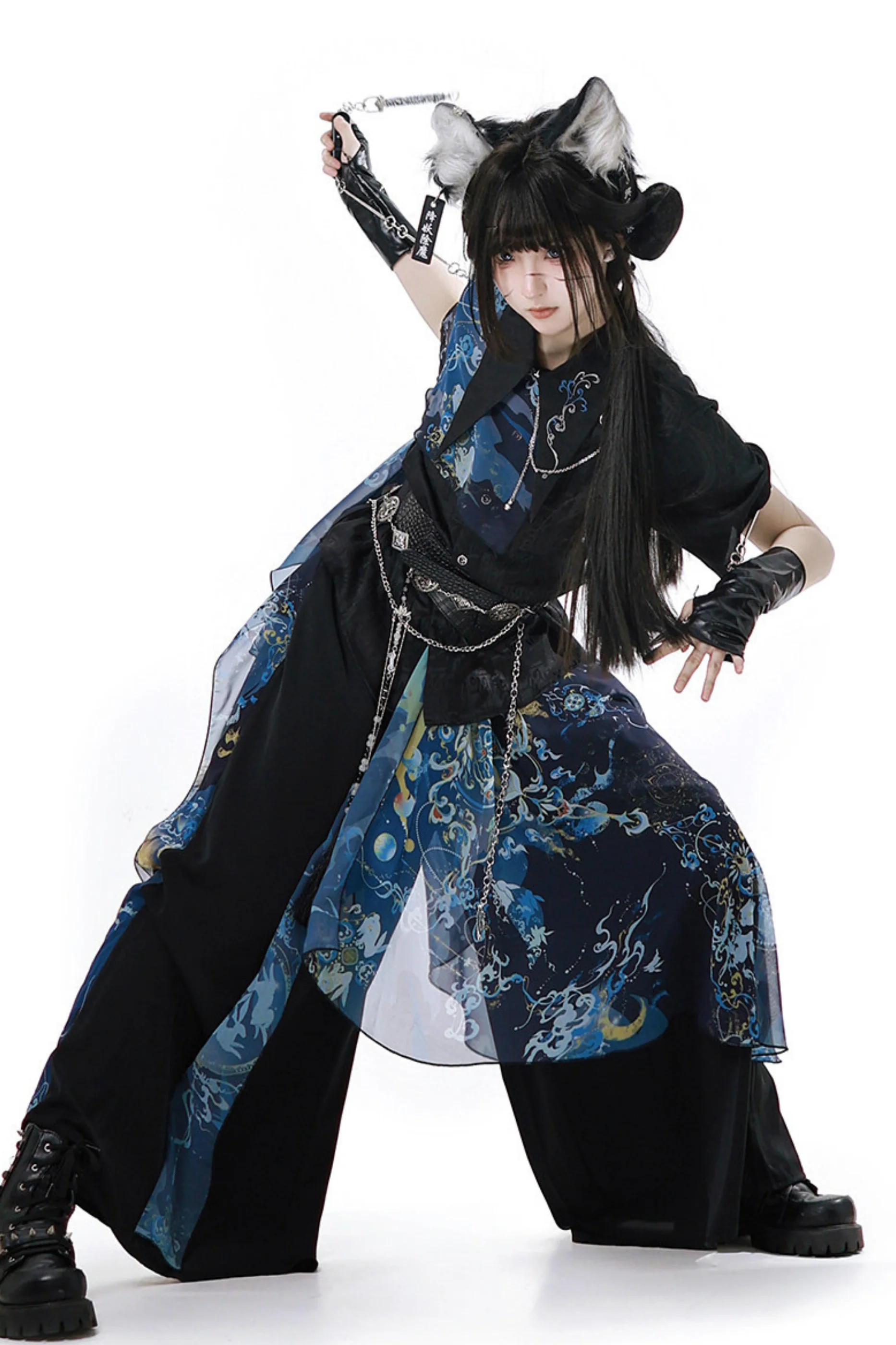 Dark China Shirt + Wide Leg Pants + Chain + Belt - Image 4