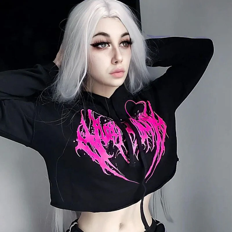 E-Girl Hardcore Print Gothic Crop Hoodie - Image 22