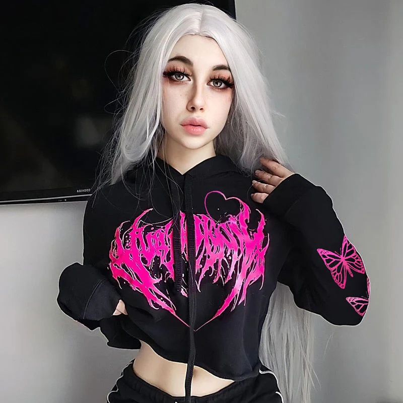 E-Girl Hardcore Print Gothic Crop Hoodie - Image 23